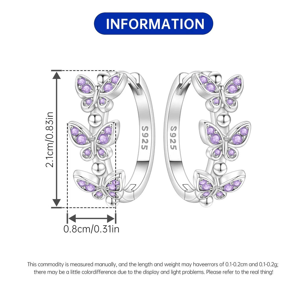 PANPOKI Original 925 Sterling Silver Purple Butterfly Insect Earrings Women Hoop Ea additional angle