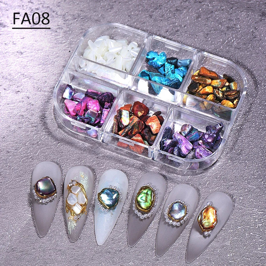 6 Grids Abalone Shell Flakes Nail Art Decoration 3D Charms Irregular Seashell Fragmen alternate view