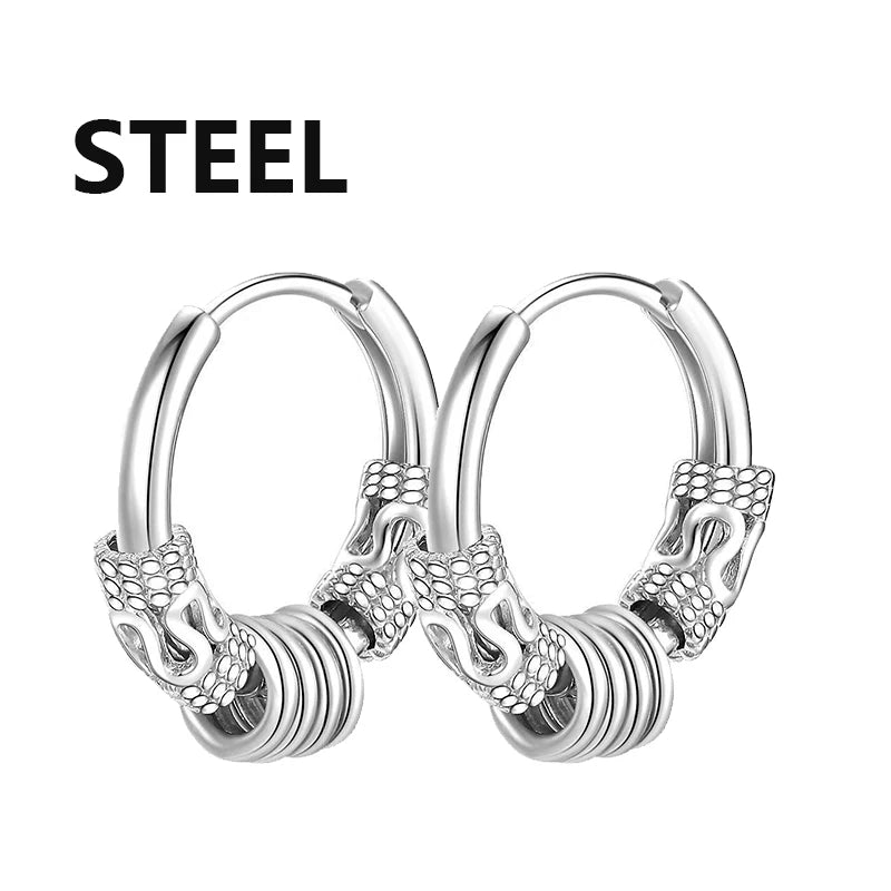 2PC Punk Men's Stainless Steel Hoop Earrings For Women Hip Hop Totem Earring For Men lifestyle view
