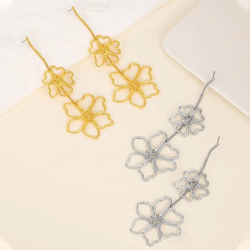 Exaggerated Metal Leaf Flower Drop Earrings for Women Fashion Gold Color Long Geometr lifestyle view