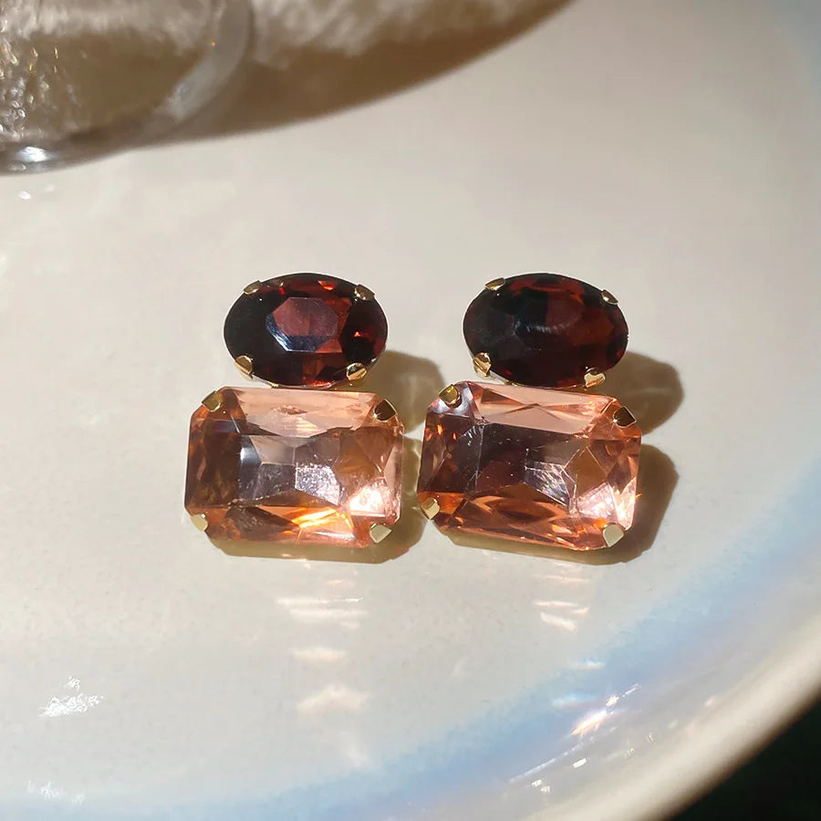 New Vintage Blue Coffee Square Oval Rhinestones Stud Earrings Women Shiny Cubic Geo additional angle
