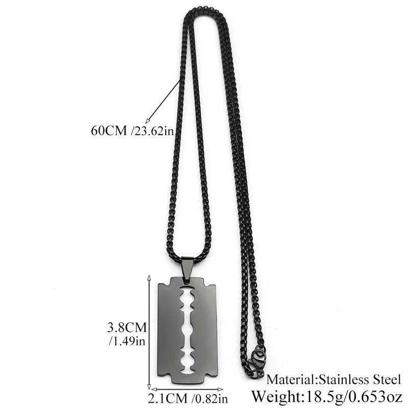 Gothic Blade Razor Pendant Necklace | Stainless Steel Black Goth Men's Chain additional angle