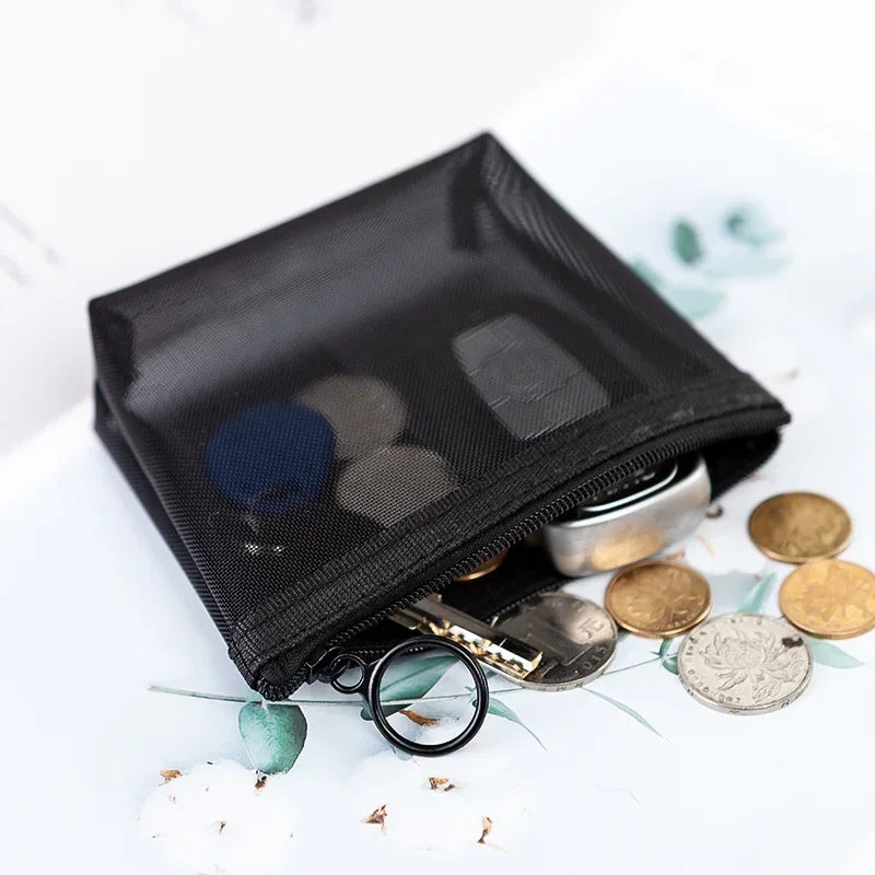 Women Black Mesh Coin Wallet Purse | Small Transparent Organizer Pouch close-up view