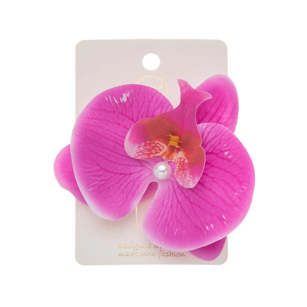 Artificial Orchid Flower Butterfly Hair Clips for Woman Girls Phalaenopsis Pearl Duckb close-up view