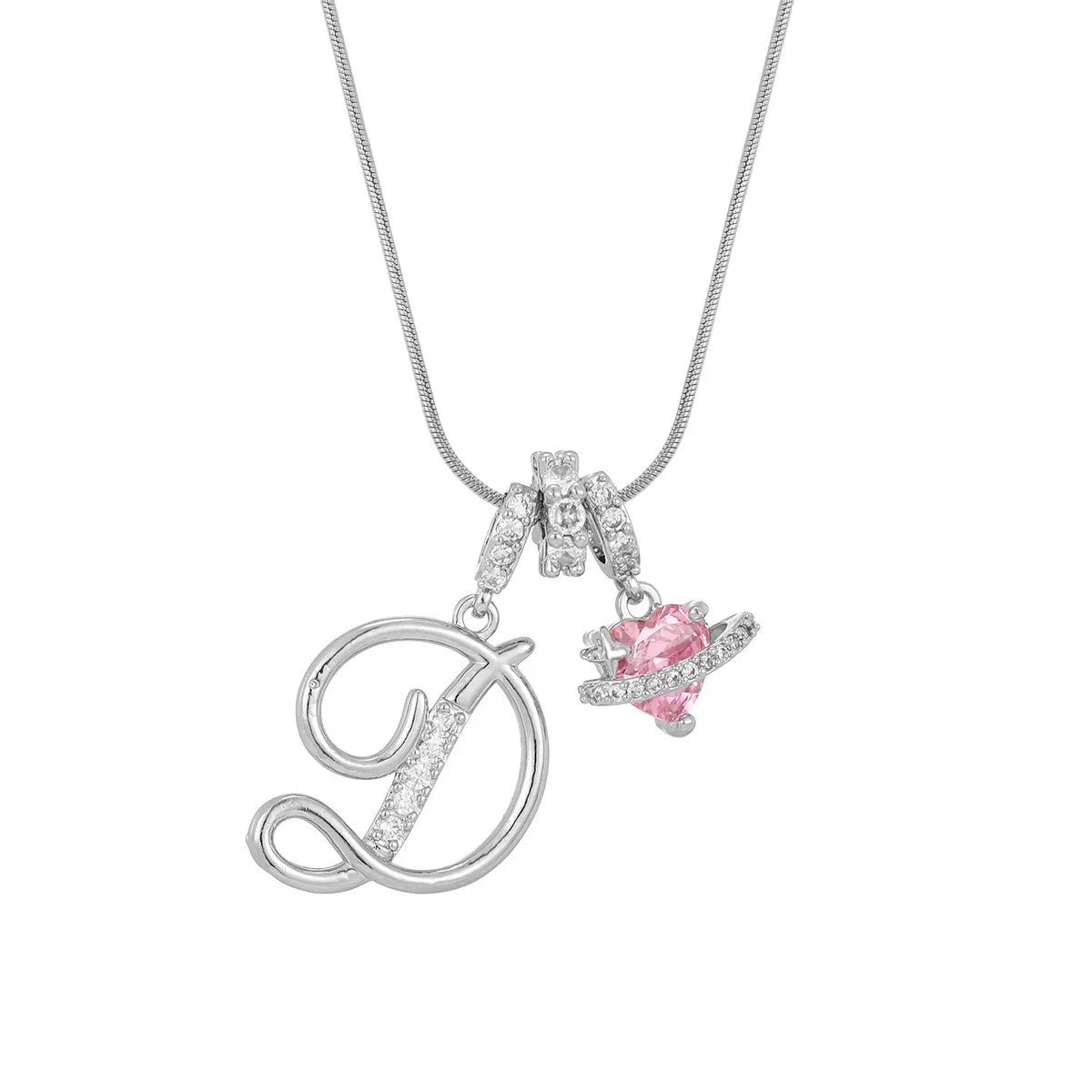 Fashion Letter Necklace for Women Pink Zircon Heart-shaped Pendant Suitable for Girls to detail view