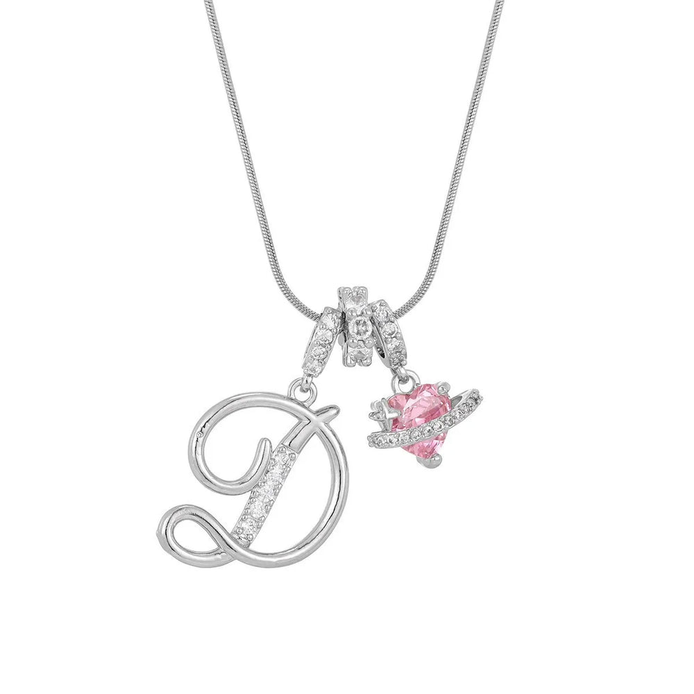 Fashion Letter Necklace for Women Pink Zircon Heart-shaped Pendant Suitable for Girls to detail view
