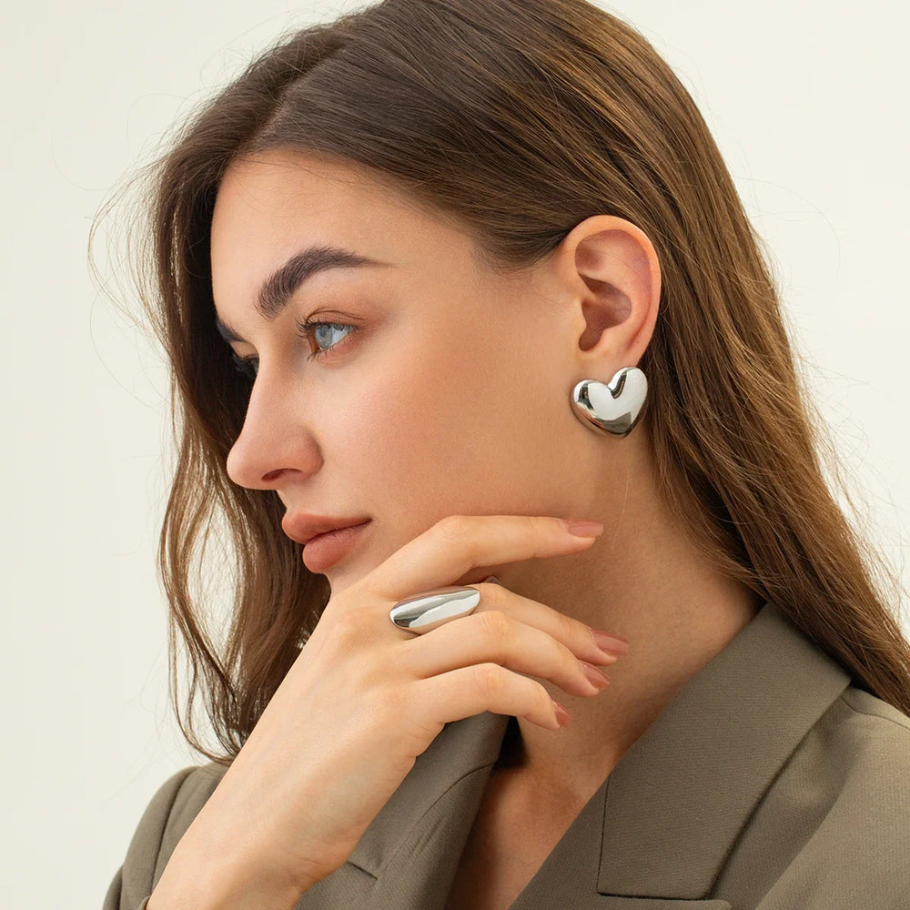 18K Gold Plated Stainless Steel Heart Stud Earrings | Smooth & Waterproof Jewelry Gift close-up view