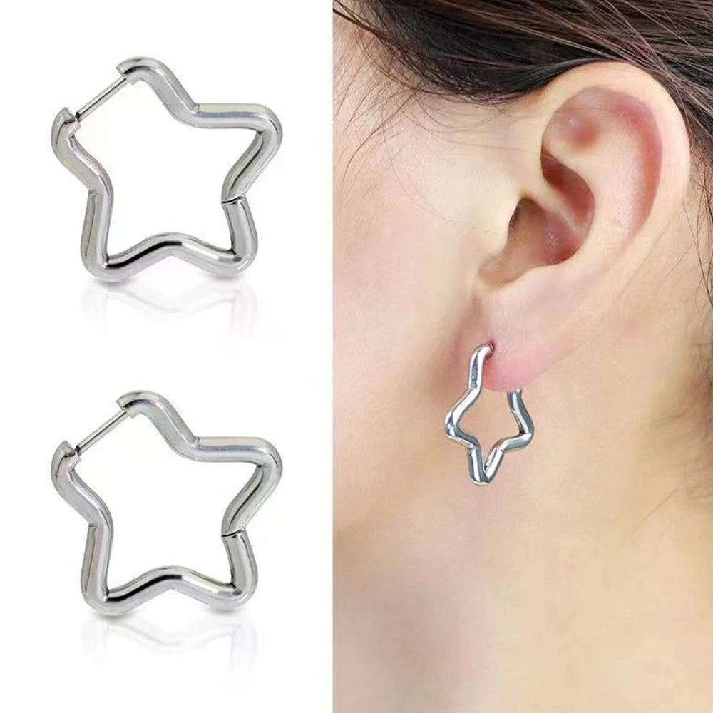 2pcs/1Pairs Stainless Steel Women Men Ear Stud Triangle Heart Star Circle Hoop Earring close-up view