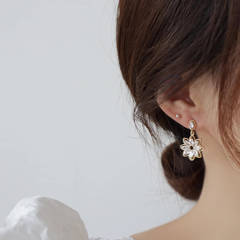 14K Real Gold Dainty Korean Flower Earrings for Women | Bling AAA Zirconia Stud Earri alternate view
