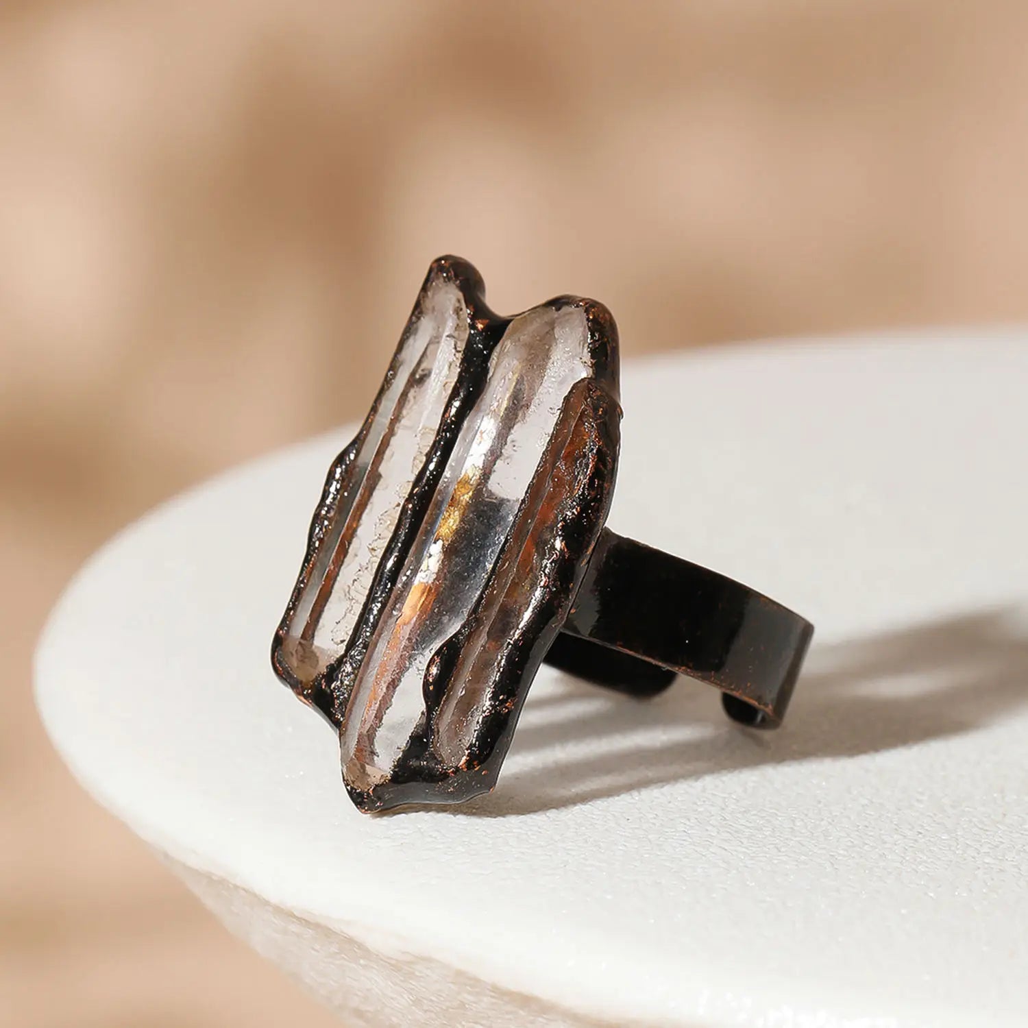 Irregular White Quartz Point Beads Bronze Handmade Rings Jewelry Women Natural Stone A close-up view