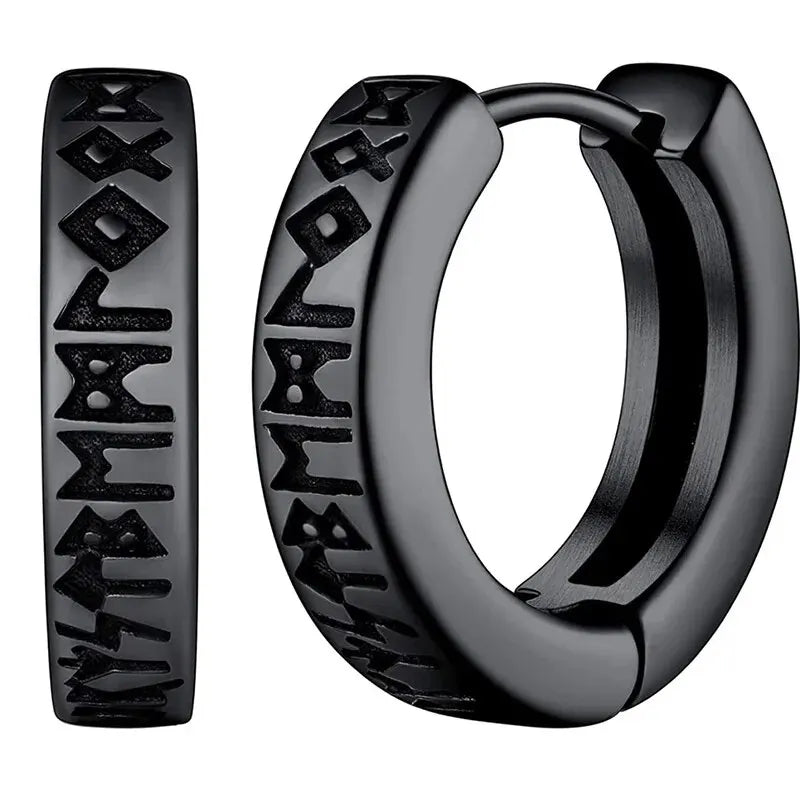 Viking Rune Hoop Earrings | Stainless Steel Norse Jewelry for Men and Women close-up view