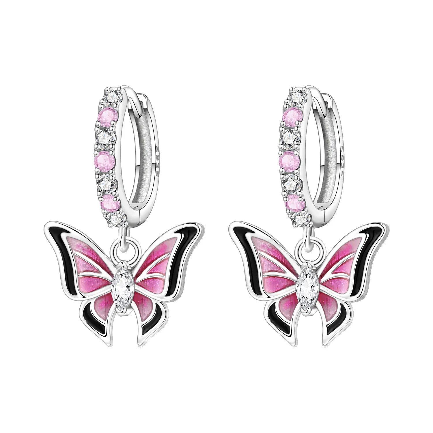 PANPOKI Original 925 Sterling Silver Double Butterfly Insect Earrings Women Hoop Earring detail view