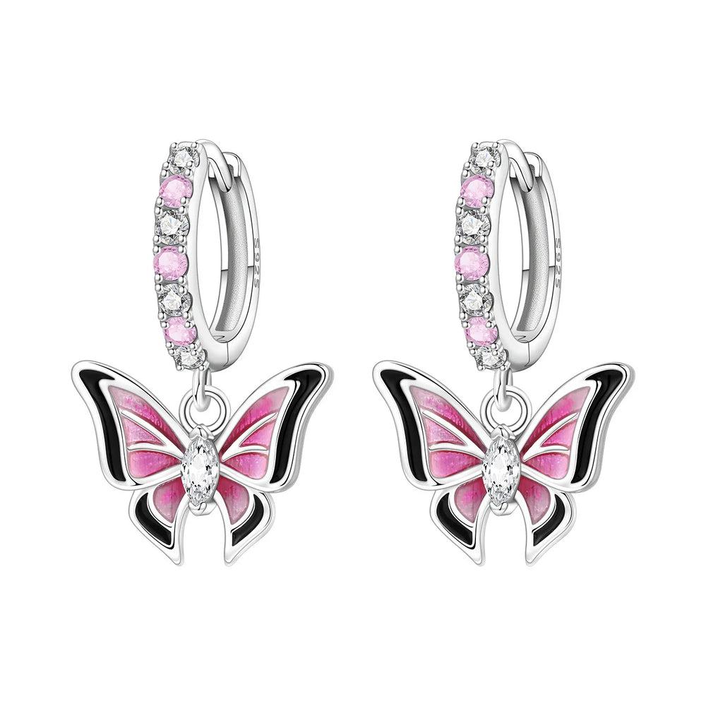 PANPOKI Original 925 Sterling Silver Purple Butterfly Insect Earrings Women Hoop Earr lifestyle view