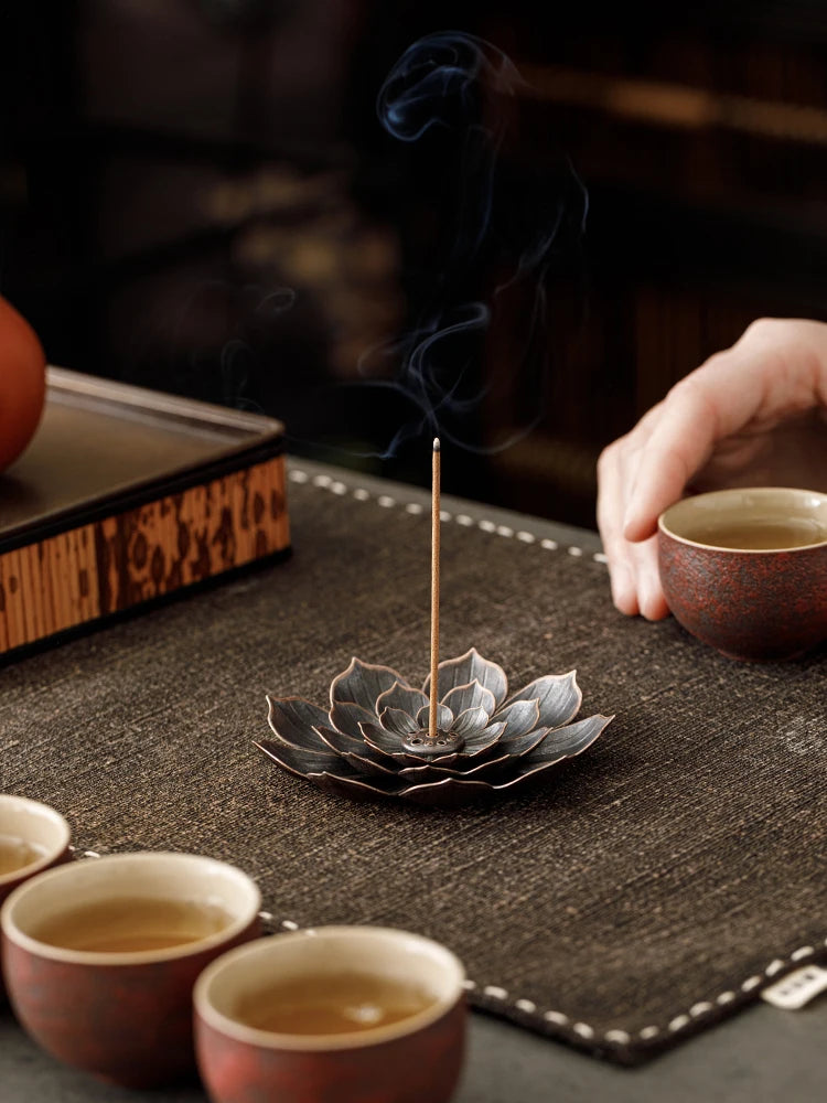 2in1 Alloy Incense Burner | Metal Sandalwood Stick Holder with Zen Lotus Design detail view