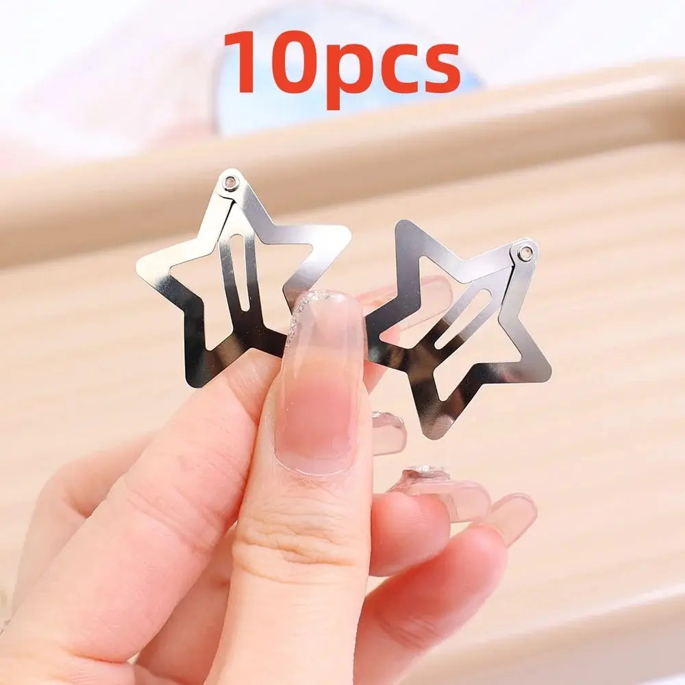 10/25/50/100/200pcs Y2K Silver Star Hair Clips for Girls Metal Snap Clip Hairpins Barr close-up view