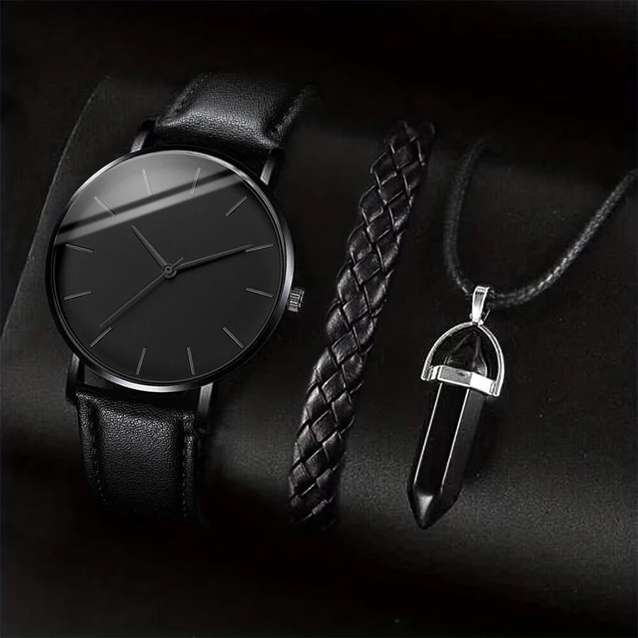 3PCS/Set Men Business Watches Casual Leather Band Analog Male's Quartz Watch Necklace lifestyle view