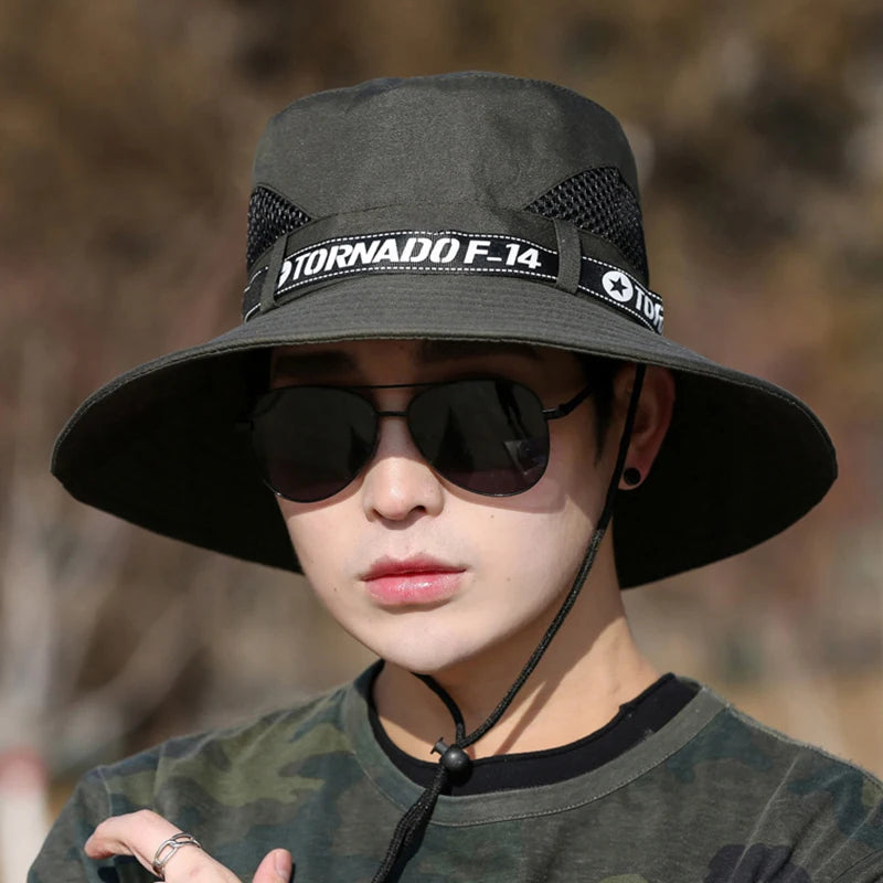 Windproof Men Outdoor Hat | Wide Brim Flat Top Fisherman Hat with Letter Print and Ant close-up view
