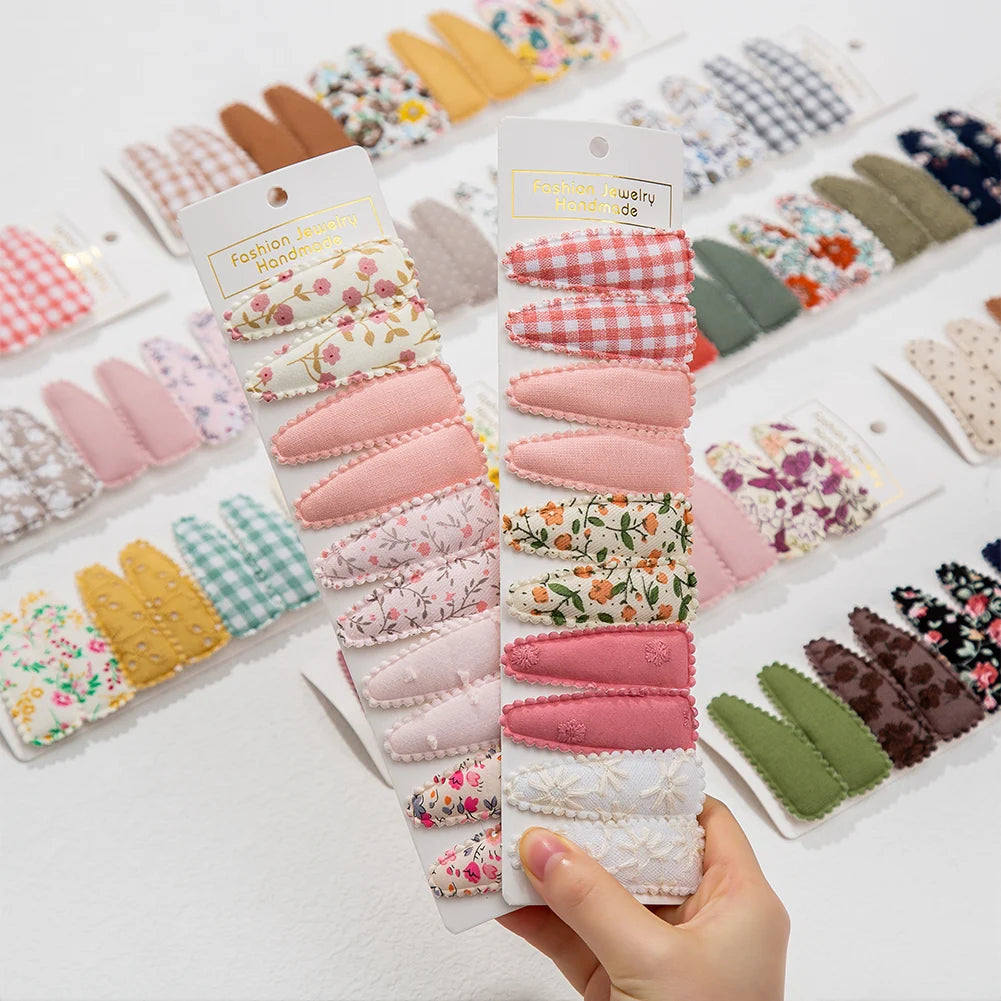 10Pcs/Lot Ins 6cm Flower Print Cotton Alloy Hair Bow Snap Clips Set Fabric Plaid Bobby Hairpins Hairgrips Girls Kids Headwear