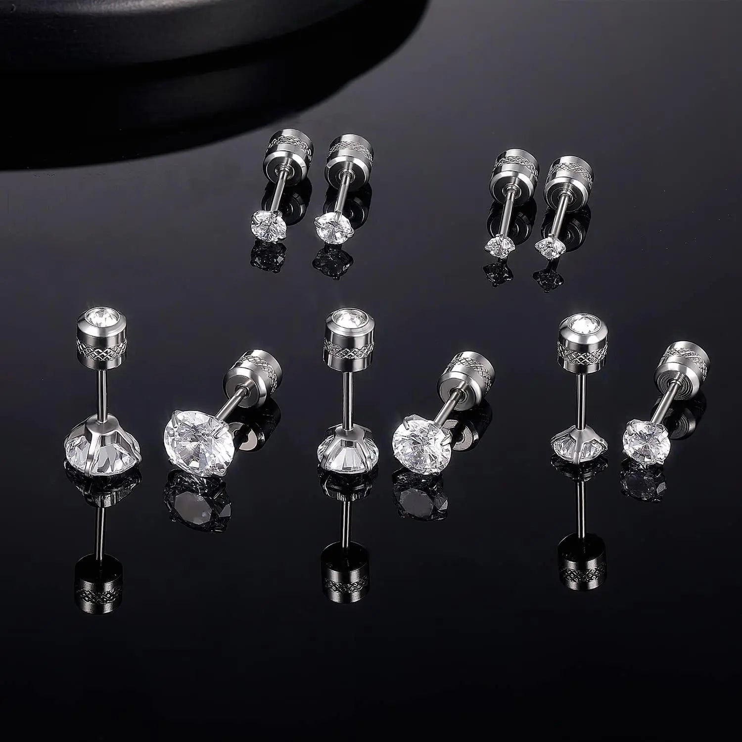 6 Pairs Screw Back Stud Earrings Set | Surgical Stainless Steel Double Sided Round CZ alternate view