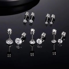 6 Pairs Screw Back Stud Earrings Set | Surgical Stainless Steel Double Sided Round CZ alternate view