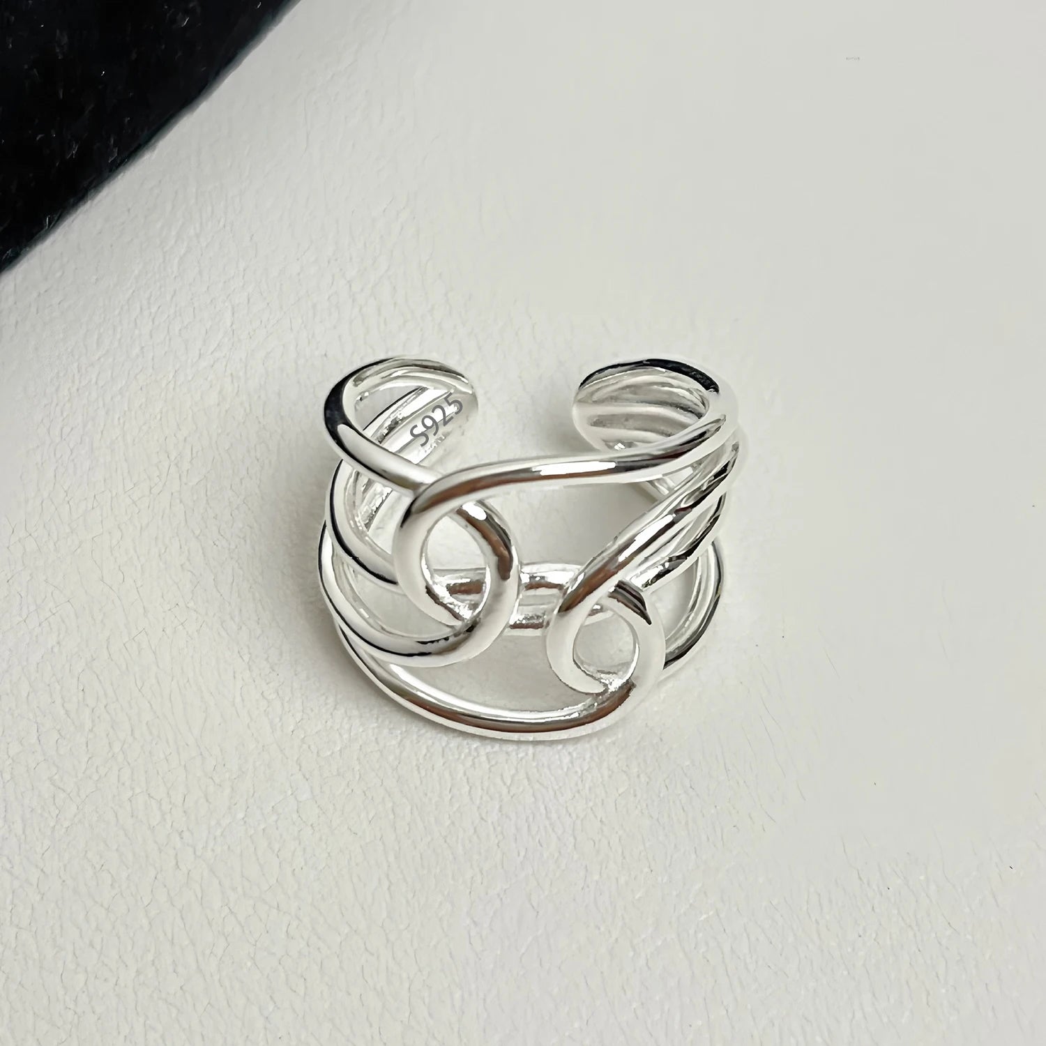 PANJBJ 925 Sterling Silver Frosting Geometry Ring for Women Wide Texture Versatile Han close-up view