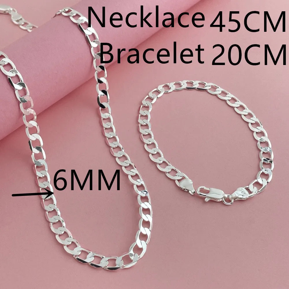 Fashion classic 925 sterling silver 6MM one to one Cuban NK necklace bracelet set suit close-up view