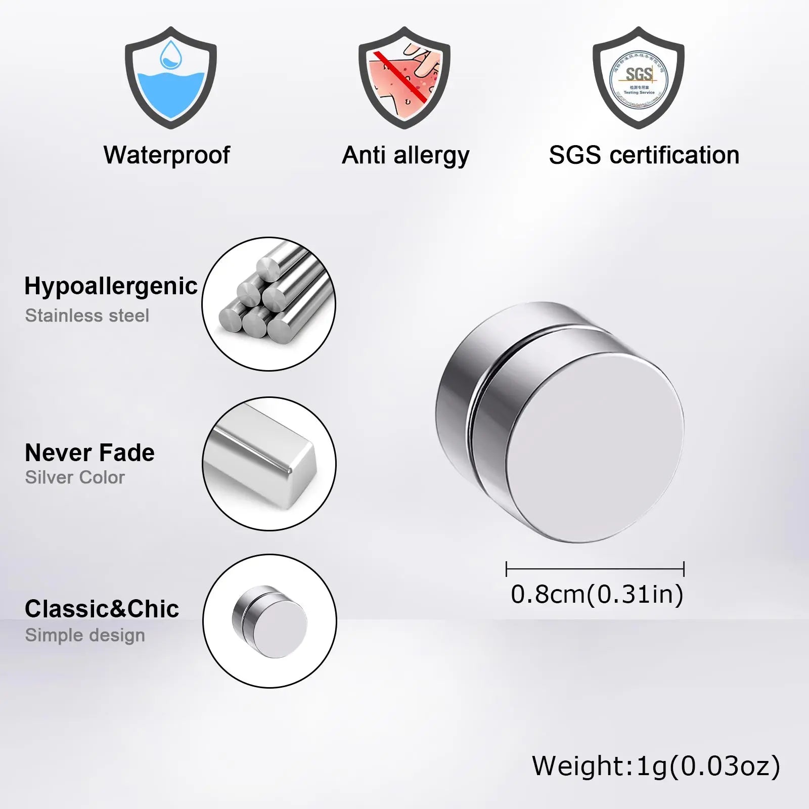 Vnox Magnetic Clip Earrings Non Piercing, Hip Hop Zircon Studs for Men Women, Fashion alternate view