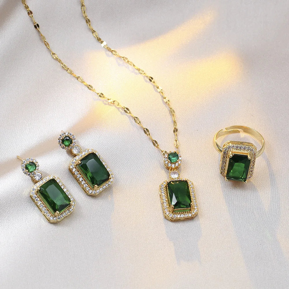 4PCS Sets Exquisite Quadrate Rhinestone Necklace Earrings Ring Jewelry Set Charm La additional angle