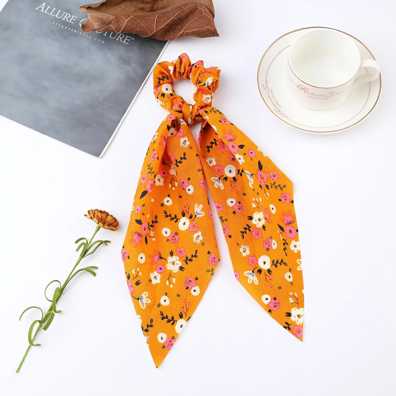 Fashion Flower Print Bow Satin Long Ribbon Ponytail Scarf Tie Scrunchies Women Girls lifestyle view