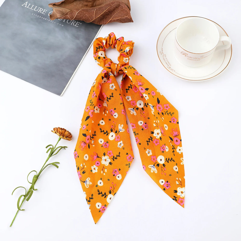 Fashion Flower Print Bow Satin Long Ribbon Ponytail Scarf Tie Scrunchies Women Girls lifestyle view