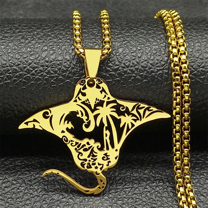 Manta Ray Sea Devil Fish Pendant Necklace | Stainless Steel Gold Silver Color Chain Jewe detail view