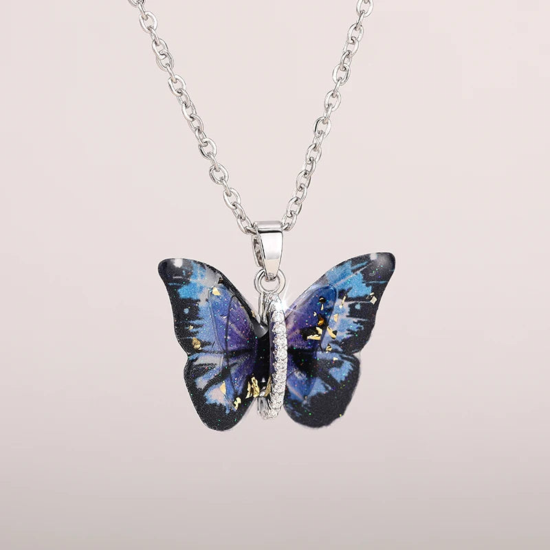Huitan Aesthetic Butterfly Pendant Necklace for Women Silver Color/Gold Color Inlaid Shi detail view