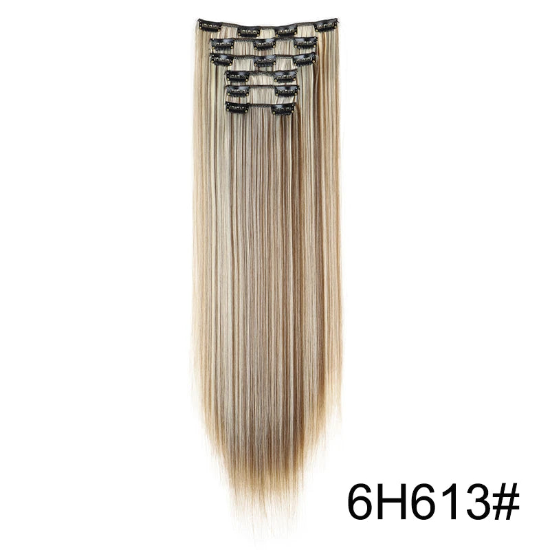 Synthetic 24 Inch Clip In Hair Extensions | Long Straight Blonde Black Heat Resista additional angle