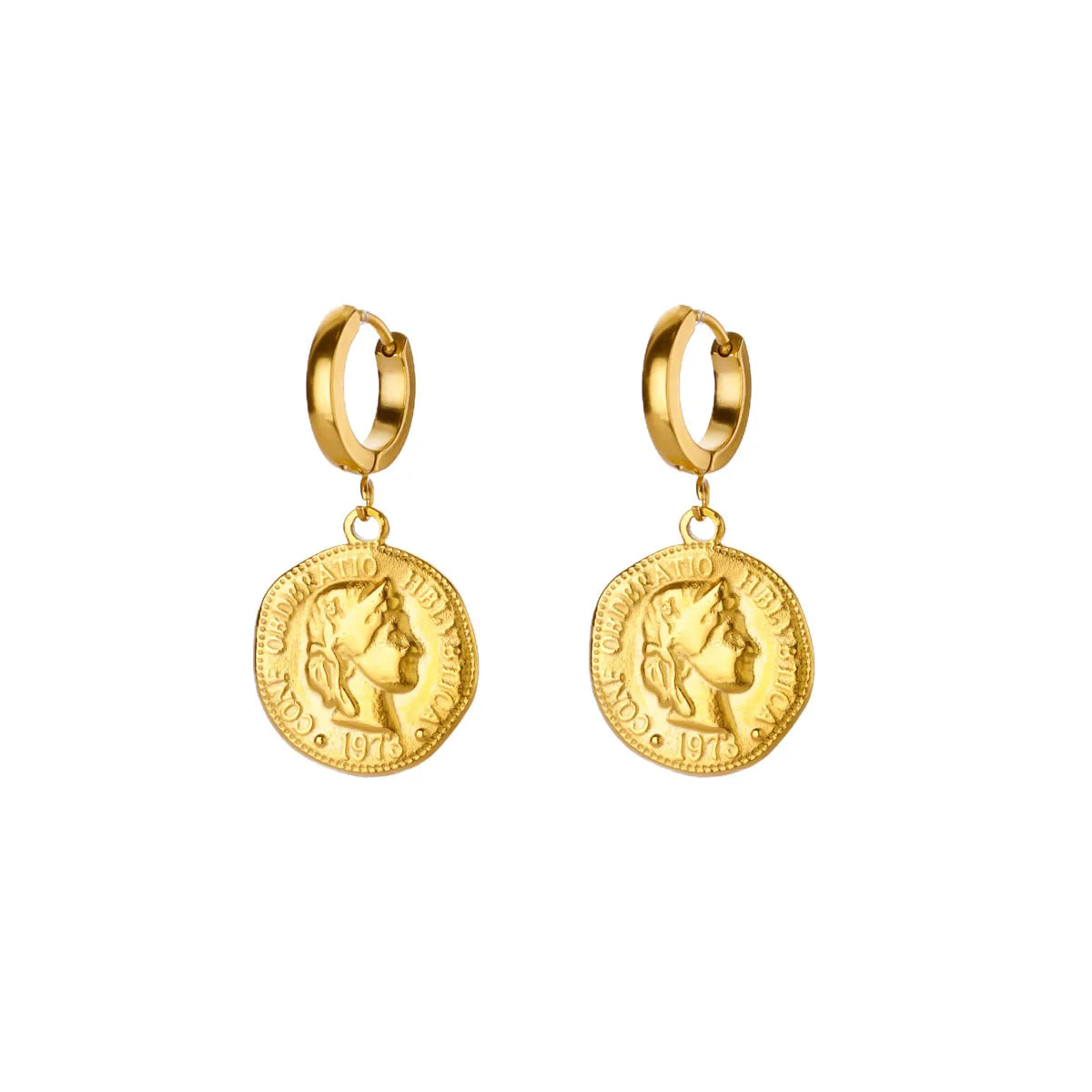 18K Gold Plated Portrait Coin Earrings | Stainless Steel Jesus Cross Dangle Huggie Earri detail view