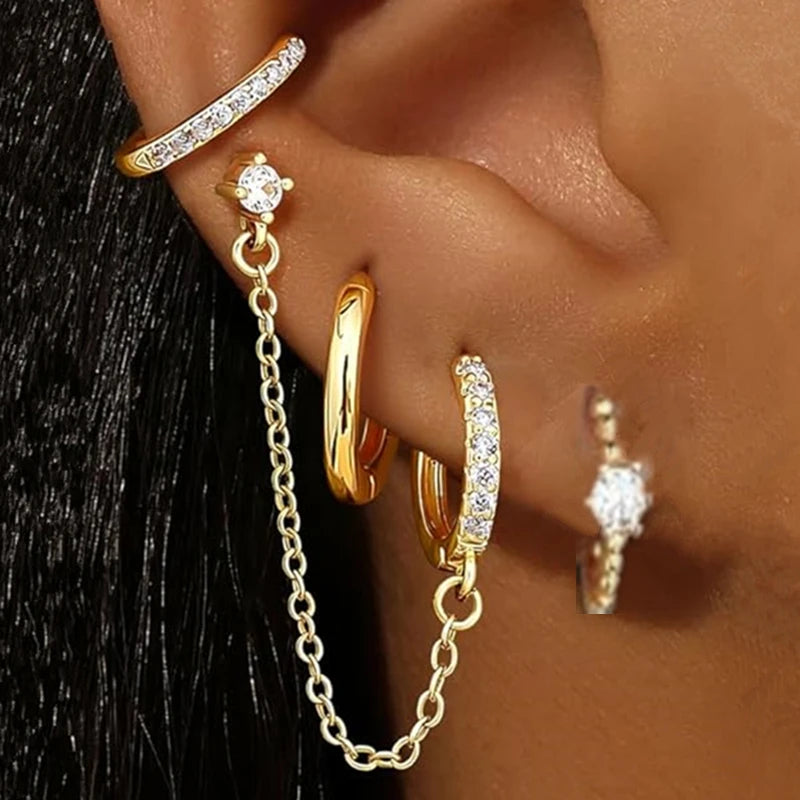 4PC Chain Huggie Earring Set | Flower Tragus Hoop Earrings for Women close-up view