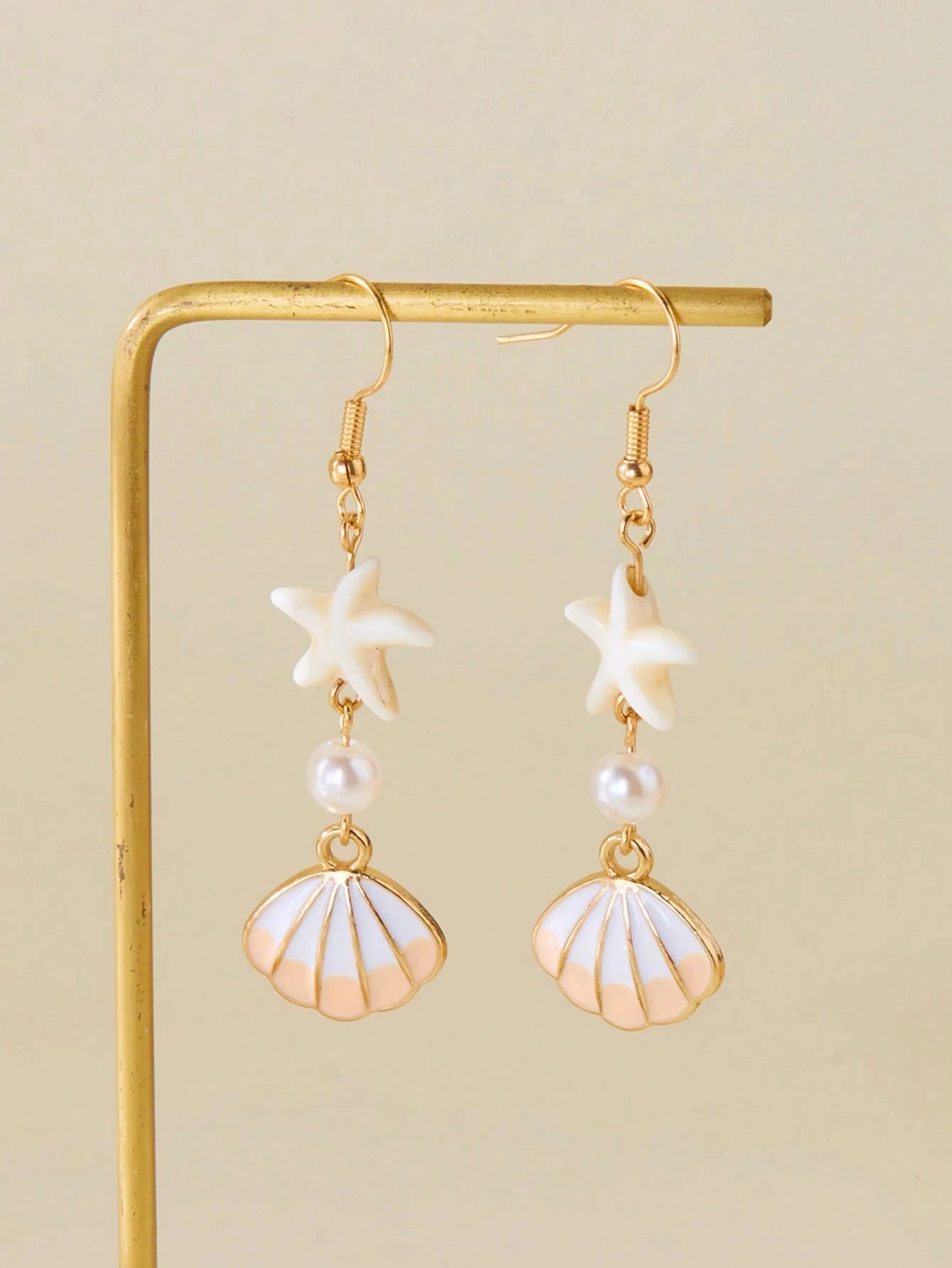 1 Pair Minimalist Starfish, Pearl & Shell Design Earrings, Suitable For Beach Vacation & detail view