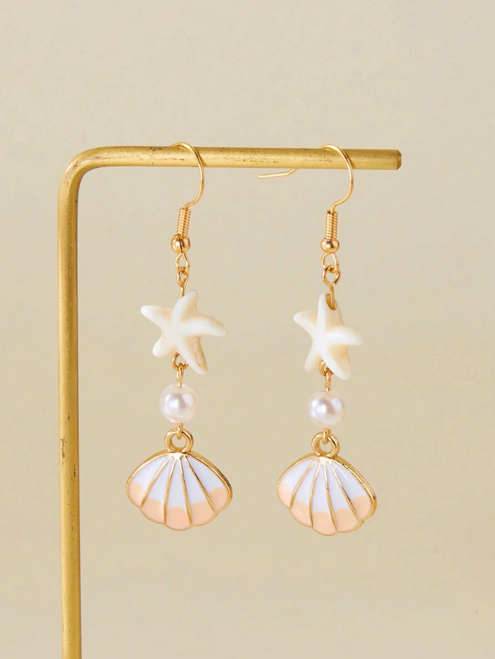 1 Pair Minimalist Starfish, Pearl & Shell Design Earrings, Suitable For Beach Vacation & detail view