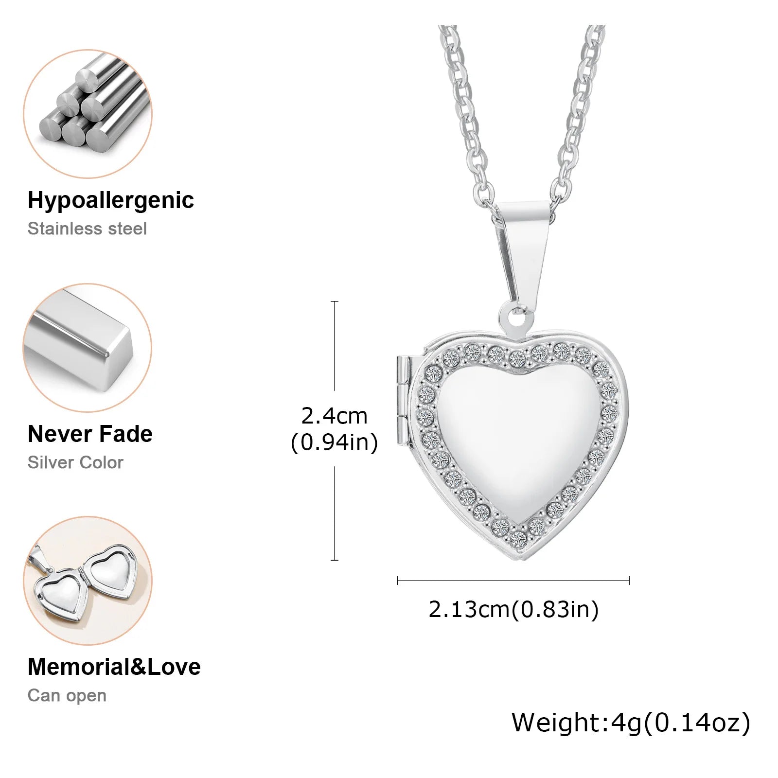 Vnox Never Fade Silver Color Stainless Steel Women Locket Pendant, Openable Heart Pen alternate view