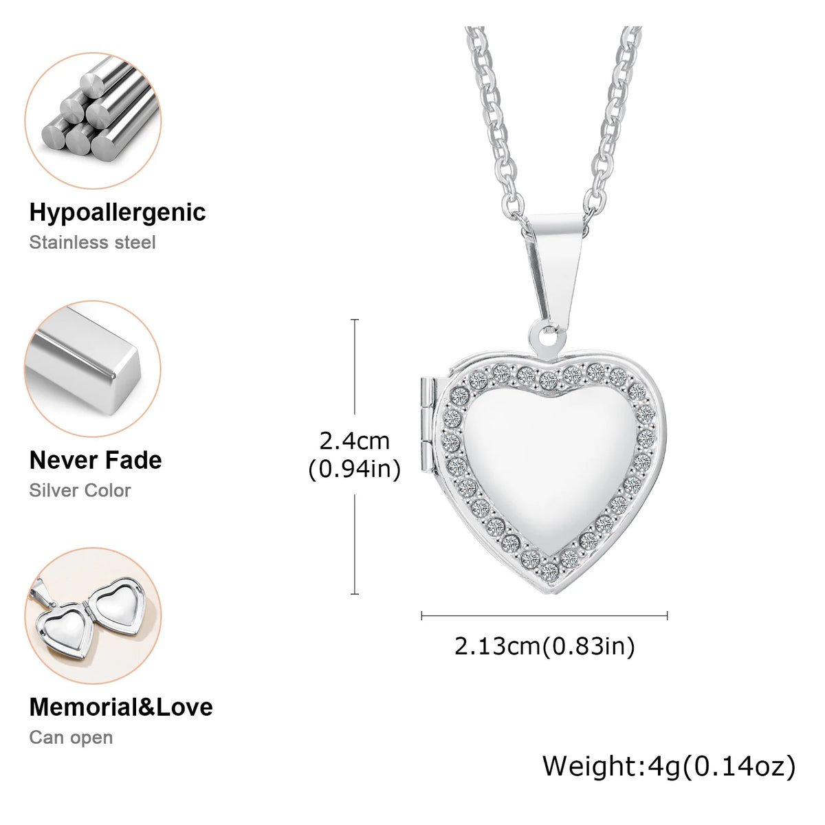 Vnox Never Fade Silver Color Stainless Steel Women Locket Pendant, Openable Heart Pen alternate view