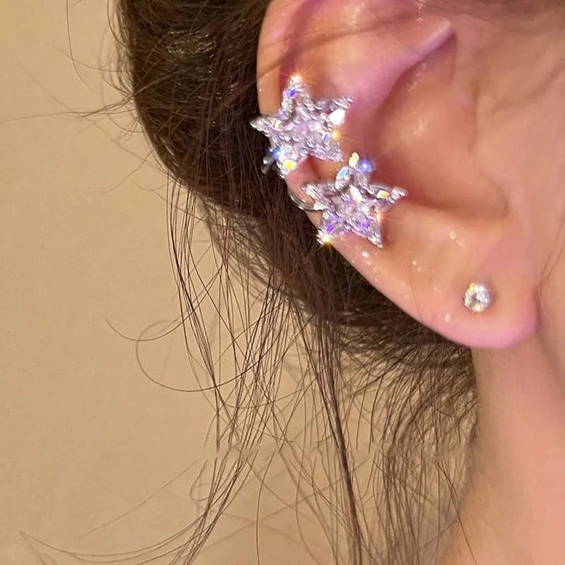 Shining Double Star Ear Clip for Women Fashion Double Layered Zircon Pentagram No Pie alternate view