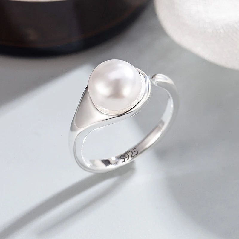 PANJBJ 925 Sterling Silber Perlen Unregelmäßiger Ring | Damen Muschel Überlappend Hohl Süßes Design Schmuck