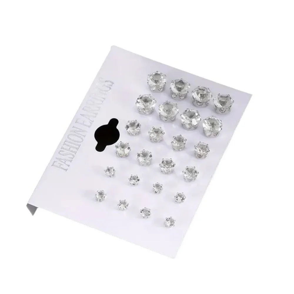 12 Pairs Set Stainless Steel Silver Color CZ Stud Earrings with Gemstone Buds Round E lifestyle view