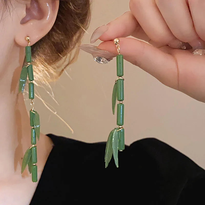 Vintage Ethnic Style Imitation Jade Bamboo Crystal Stud Earrings Women Temperament additional angle