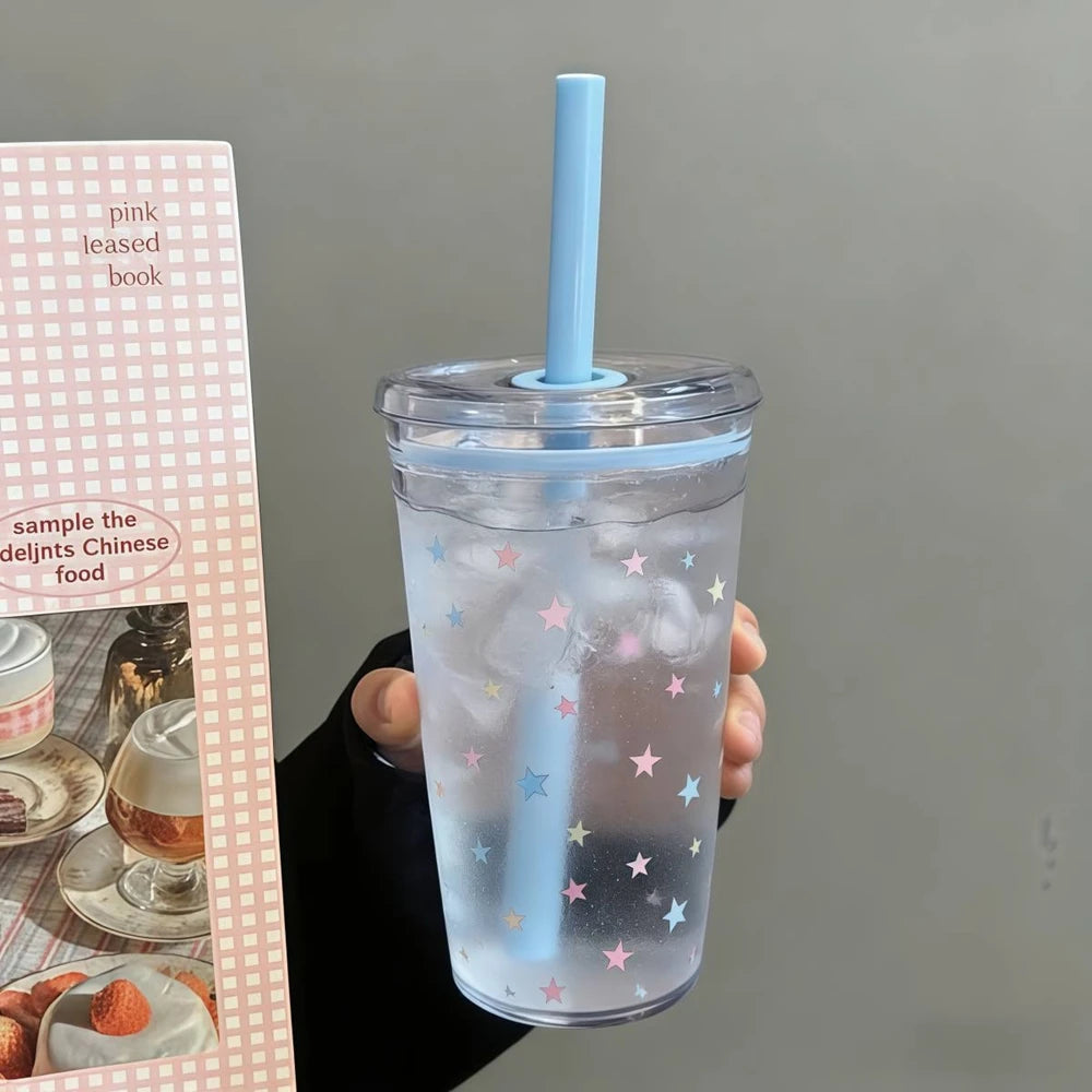 Star Korean Style 450ML Summer High-value Milk Straw Plastic Cup Transparent Multi- additional angle
