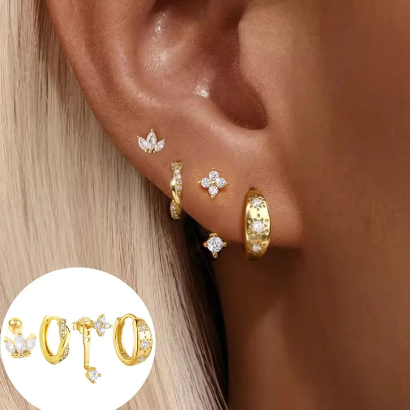 4PCS Fashion Stainless Steel Zirconia Star Huggie Hoop Earrings Set for Women Curious Pendant Flower