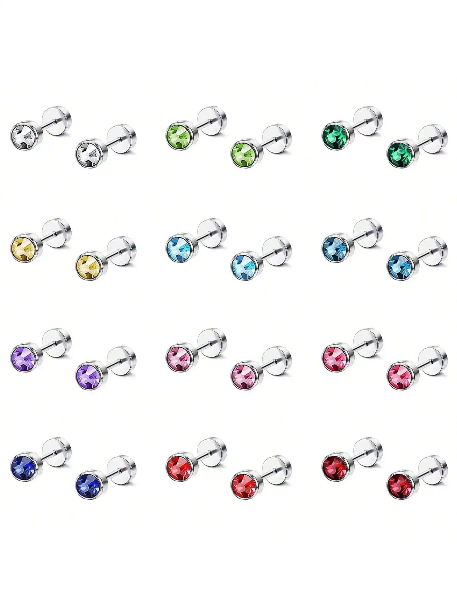 12 Pairs CZ Ear Stud Mixed Colors Cartilage Earrings Set Stainless Steel Barbell Stud lifestyle view