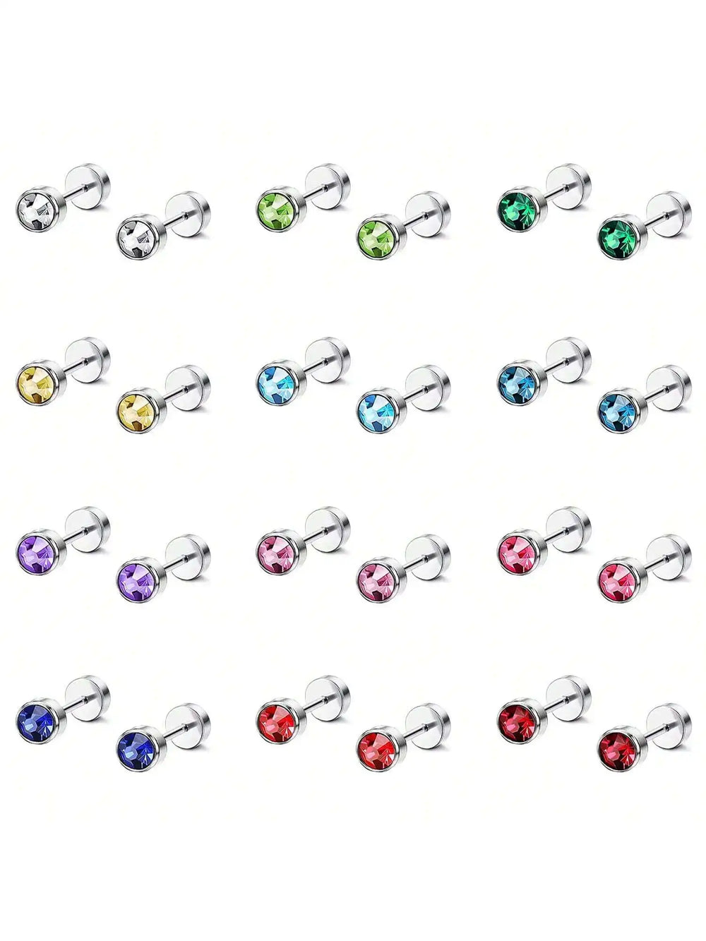 12 Pairs CZ Ear Stud Mixed Colors Cartilage Earrings Set Stainless Steel Barbell Stud lifestyle view