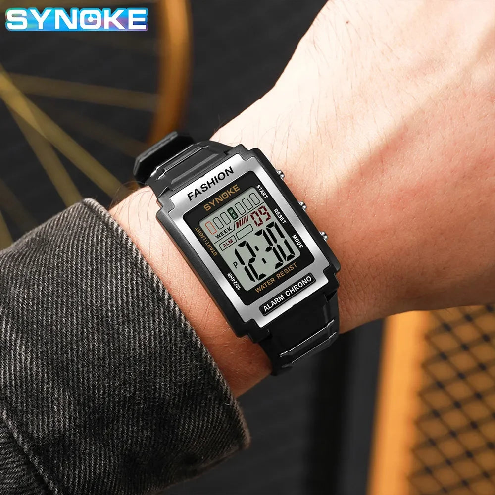SYNOKE Men Rectangular Sports Electronic Watch Waterproof 50M Night Light Large Scree lifestyle view