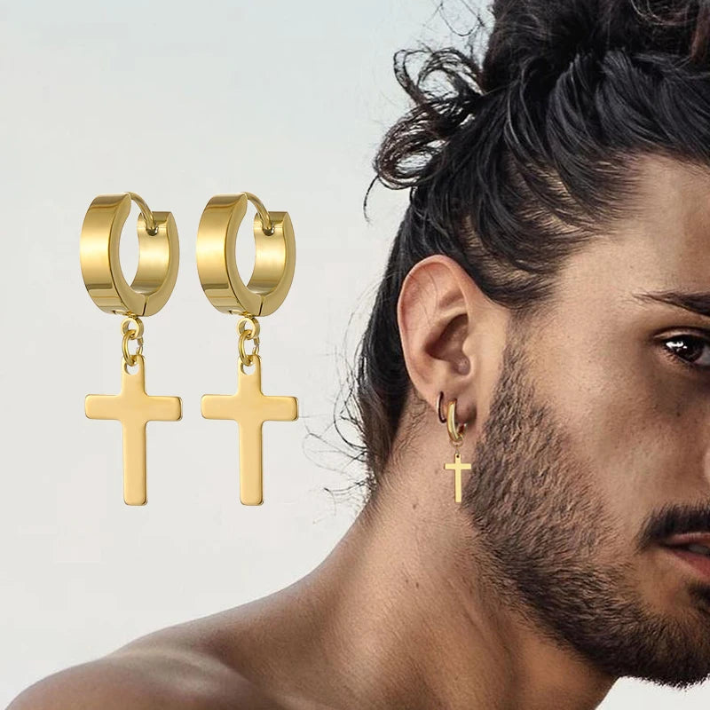 2pc Stainless Steel Men Cross Stars Punk Dangle Earrings Gothic Woman Cross Ear Hoop lifestyle view