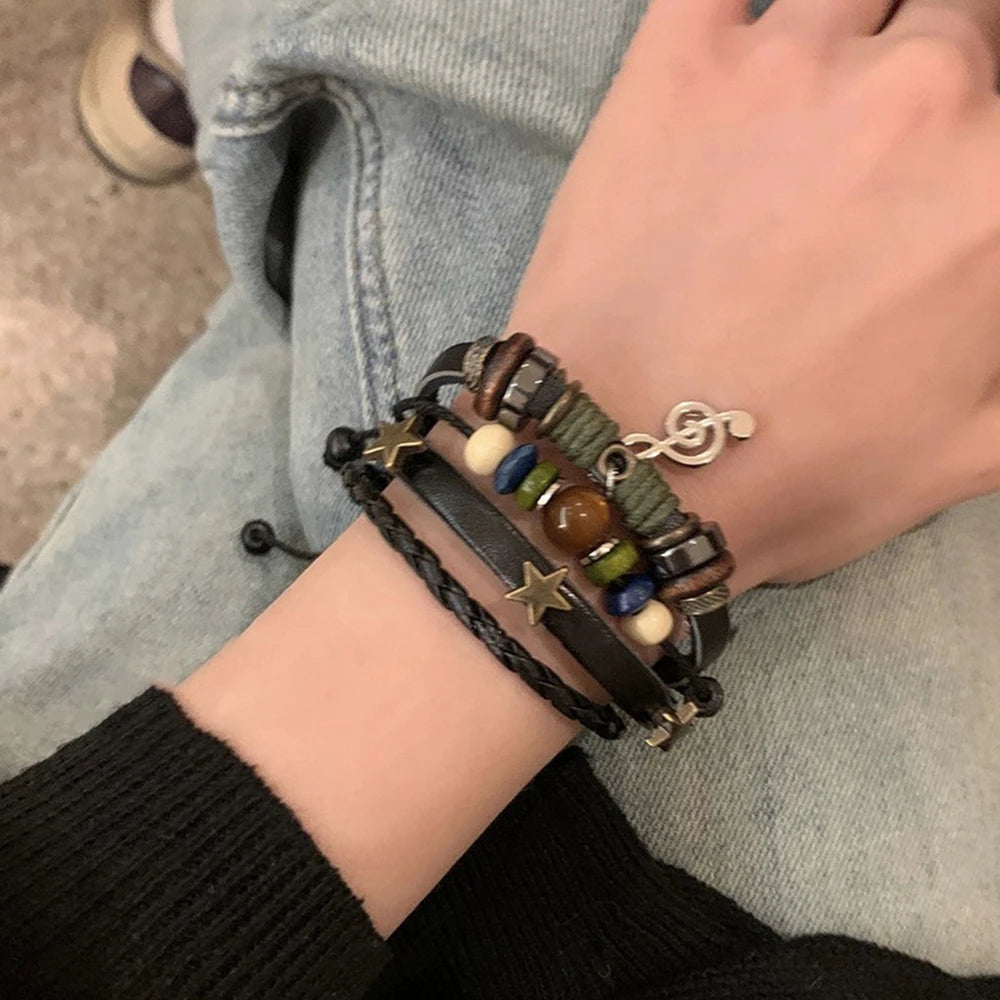 Handmade Hippie Design Brown Leather Bracelet Women Metal Star Note Charms Wood Butto alternate view